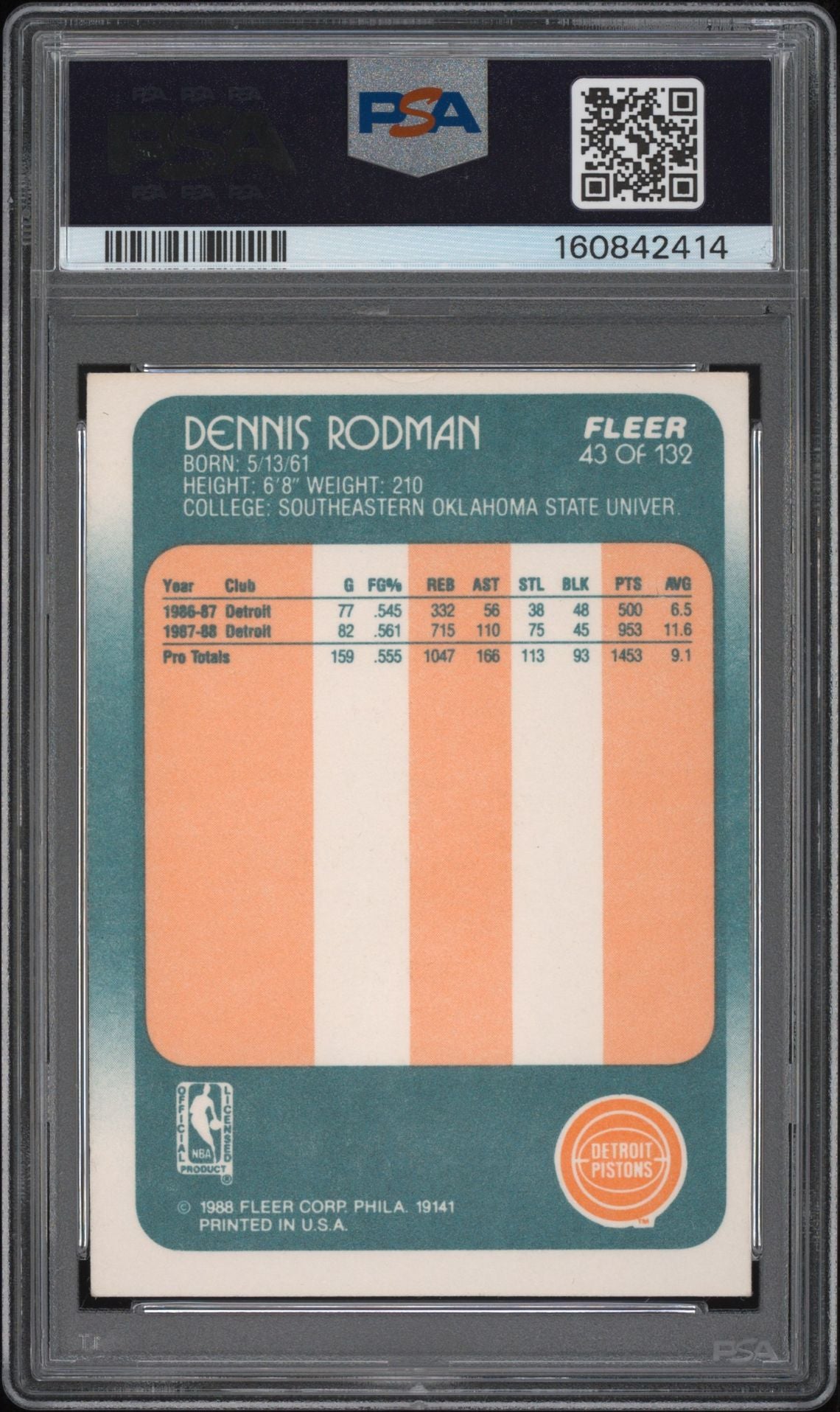 Dennis Rodman 1988 Fleer Rookie Card #43 PSA 5 Auto 7 Cert #160842414 - back image