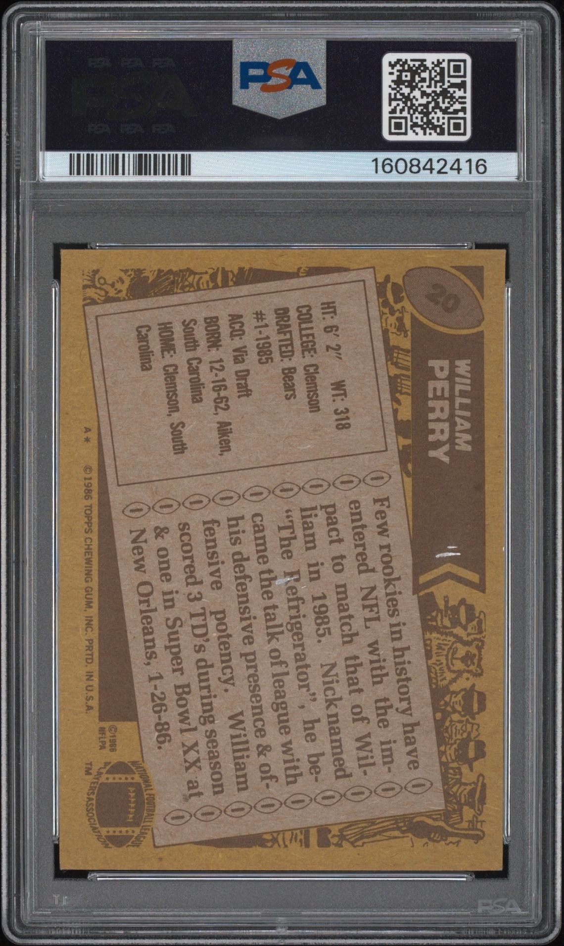 William Perry 1986 Topps Signed Rookie Card #20 PSA 4 Auto 9-Powers Sports Memorabilia