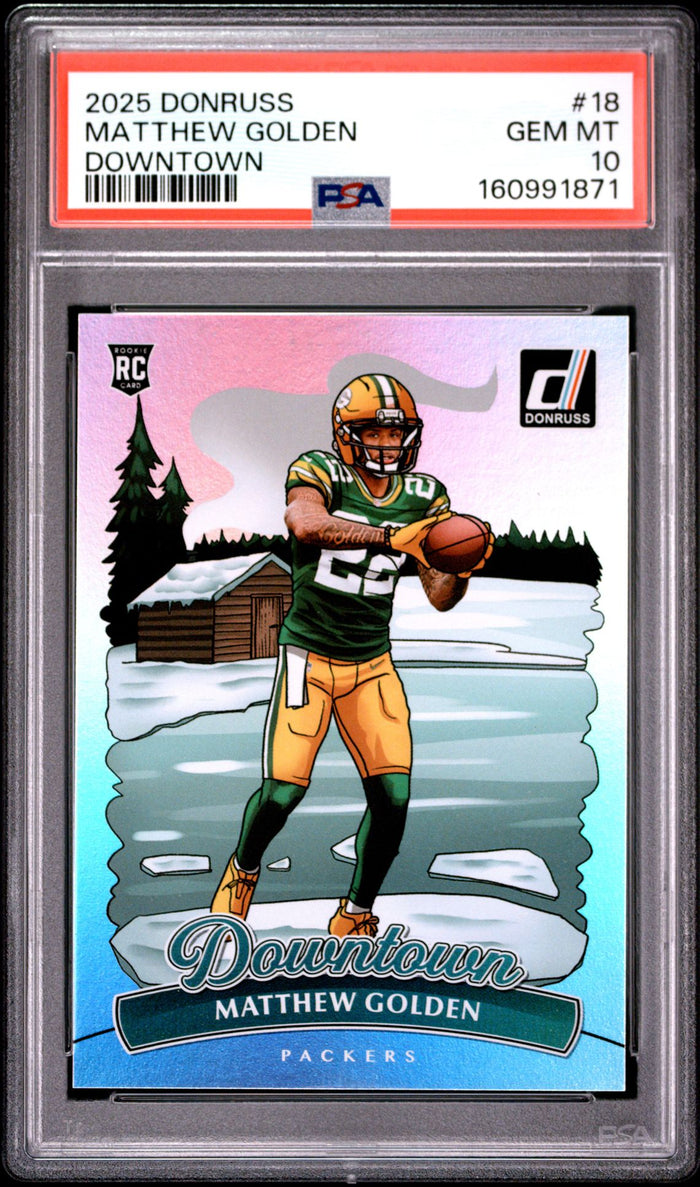 Matthew Golden 2025 Donruss Downtown Green Bay Packers Football RC Rookie Card #18 Graded PSA 10 Cert #160991871