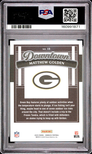 Matthew Golden 2025 Donruss Downtown Green Bay Packers Football RC Rookie Card #18 Graded PSA 10 Cert #160991871