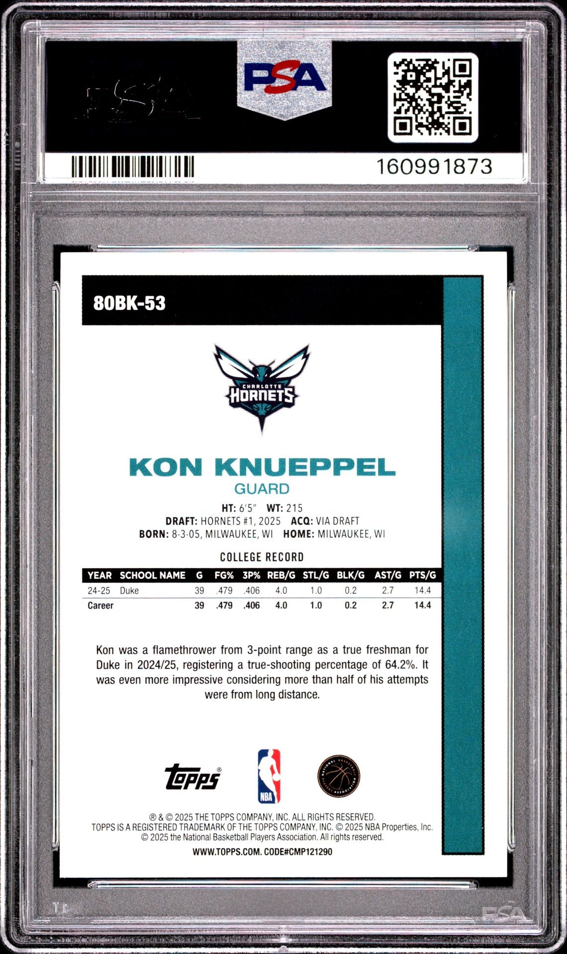 Kon Knueppel 2025 Topps 1980 Topps Basketball Charlotte Hornets RC Rookie Card #80BK-53 Graded PSA 9 Cert #160991873