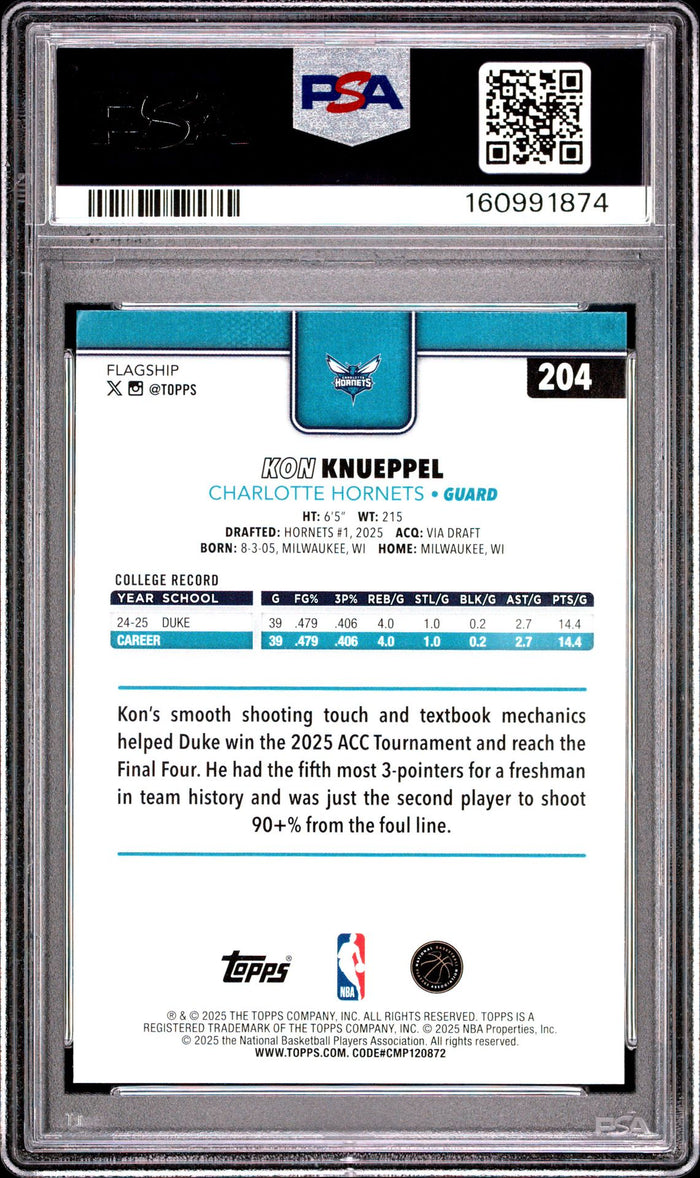 Kon Knueppel 2025 Topps Charlotte Hornets Basketball RC Rookie Card #204 Graded PSA 10 Cert #160991874-Powers Sports Memorabilia