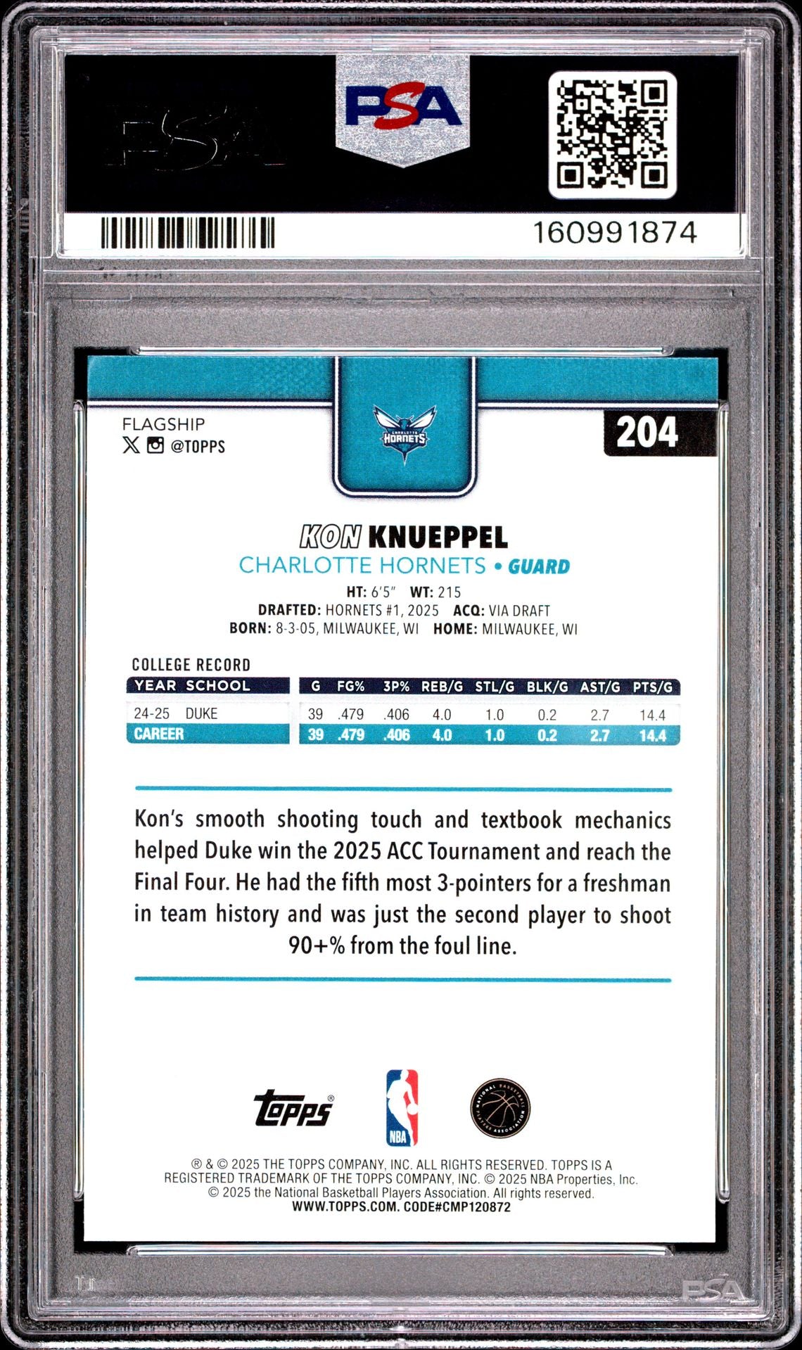 Kon Knueppel 2025 Topps Charlotte Hornets Basketball RC Rookie Card #204 Graded PSA 10 Cert #160991874