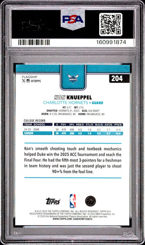 Kon Knueppel 2025 Topps Charlotte Hornets Basketball RC Rookie Card #204 Graded PSA 10 Cert #160991874