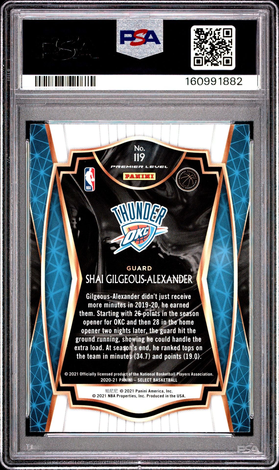 Shai Gilgeous-Alexander 2020 Panini Select Blue Retail Oklahoma City Thunder Basketball Card #119 Graded PSA 7 Cert #160991882