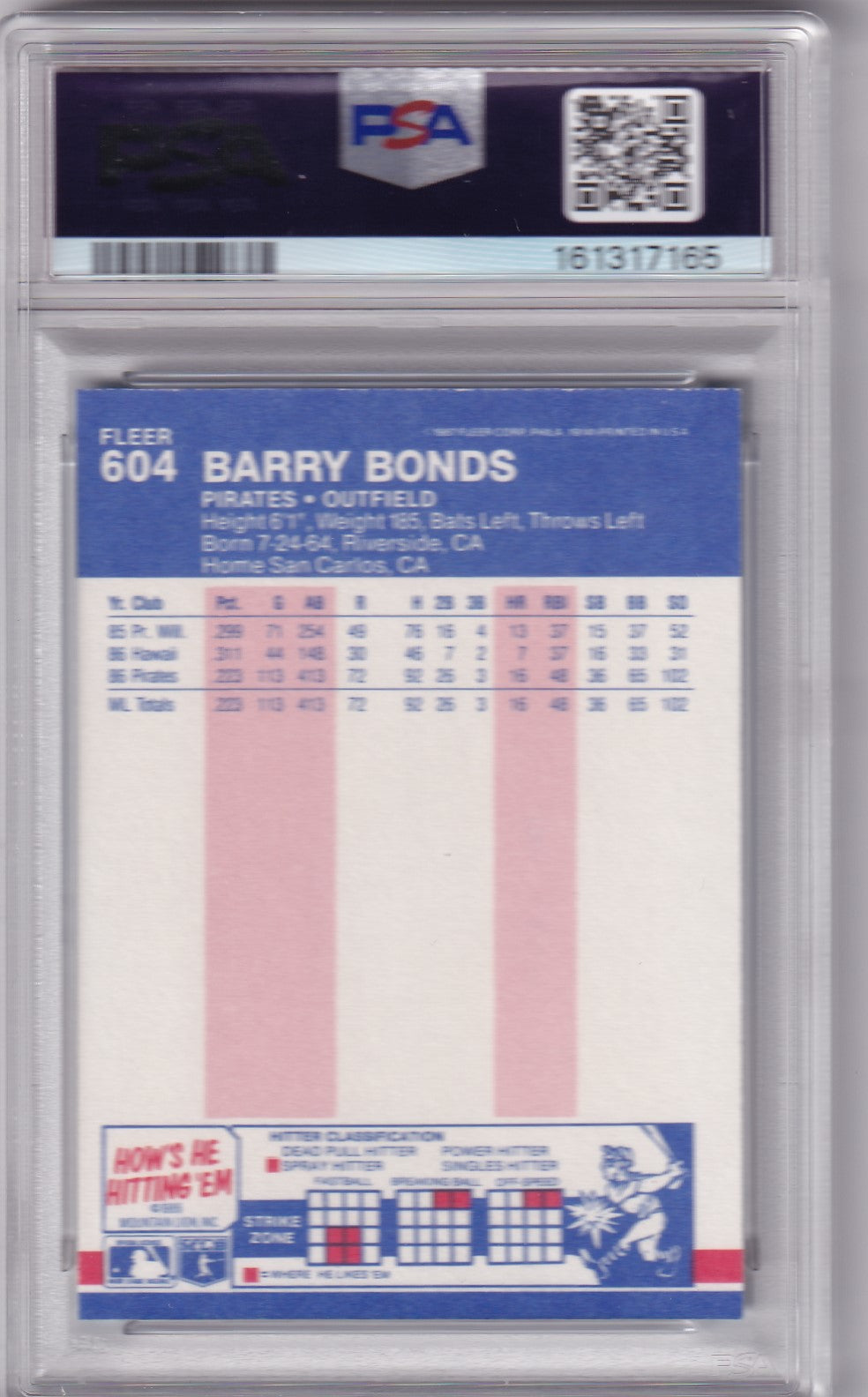 Barry Bonds 1987 Fleer Pirates Baseball Card #604 PSA 7