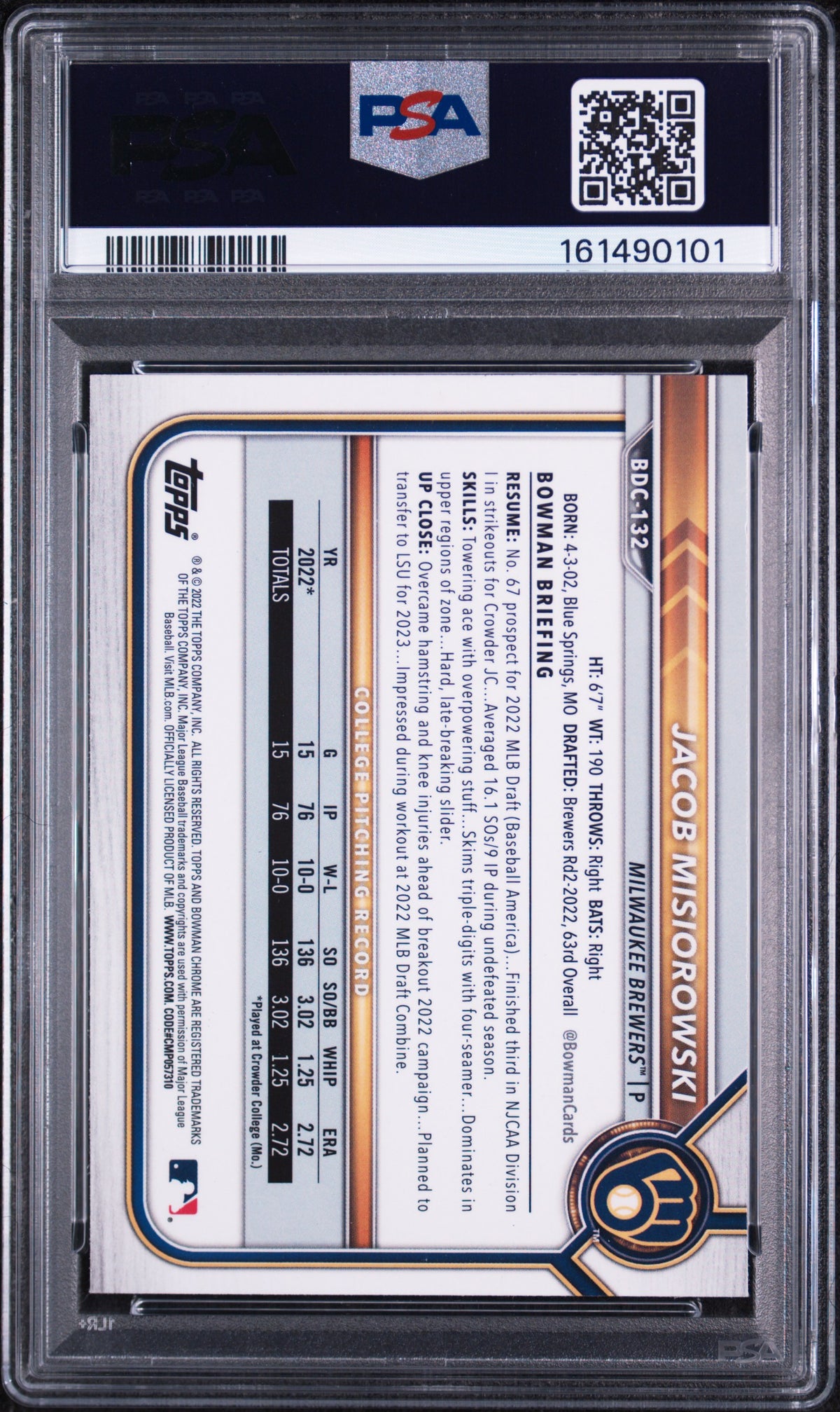 Jacob Misiorowski 2022 Bowman Chrome Refractor Rookie Card #BDC132 PSA 8-Powers Sports Memorabilia
