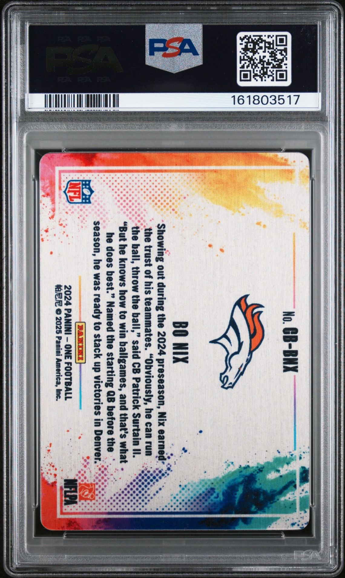 Bo Nix 2024 Panini One Color Blast RC Rookie Card #CB-BNX PSA 10 Auto 10