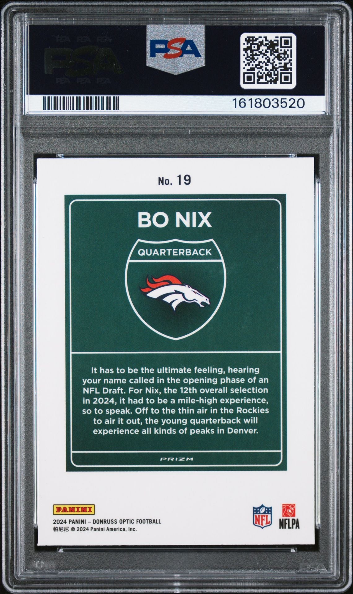 Bo Nix 2024 Donruss Optic Downtown RC Rookie Card #19 PSA 9 Auto 7