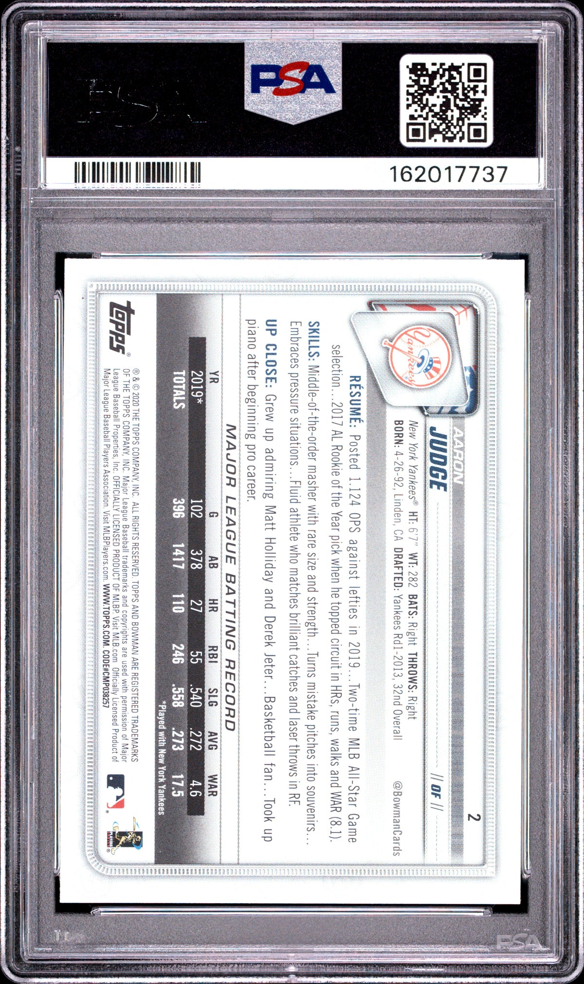 Aaron Judge 2020 Bowman New York Yankees Card #2 PSA 10