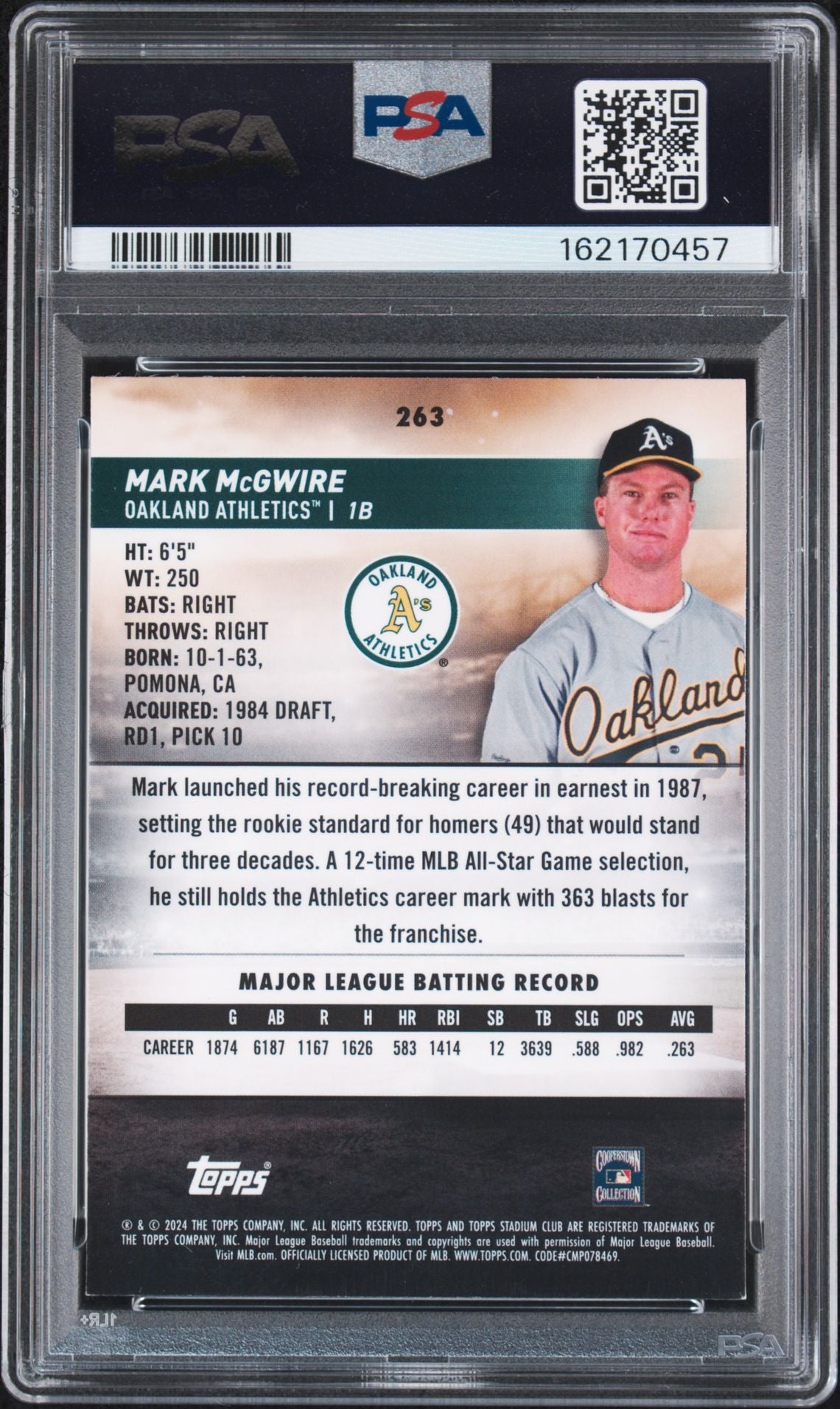 Mark McGwire 2024 Stadium Club Chrome Green Refractor Card #263 PSA Auto 57