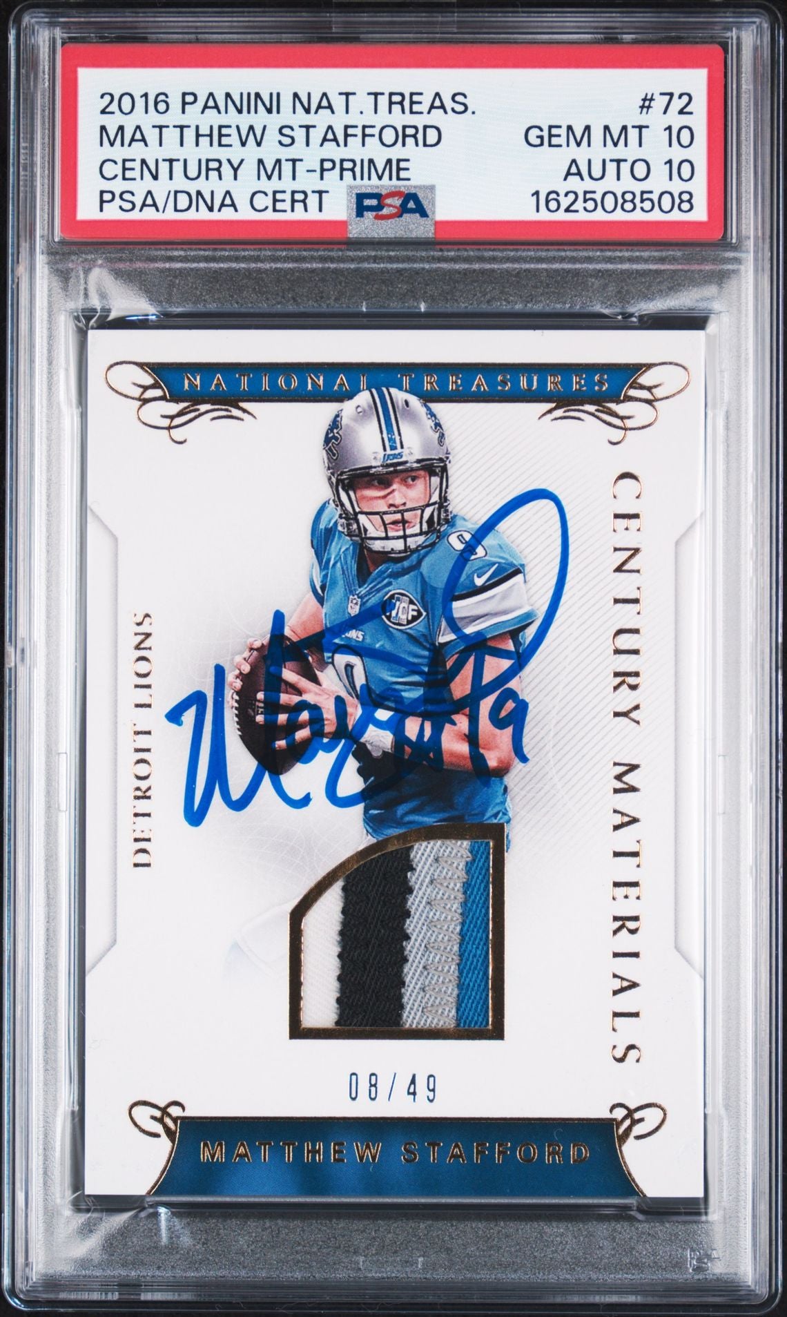 Matthew Stafford 2016 Panini National Treasures Card #72 PSA 10 Auto 10 /49