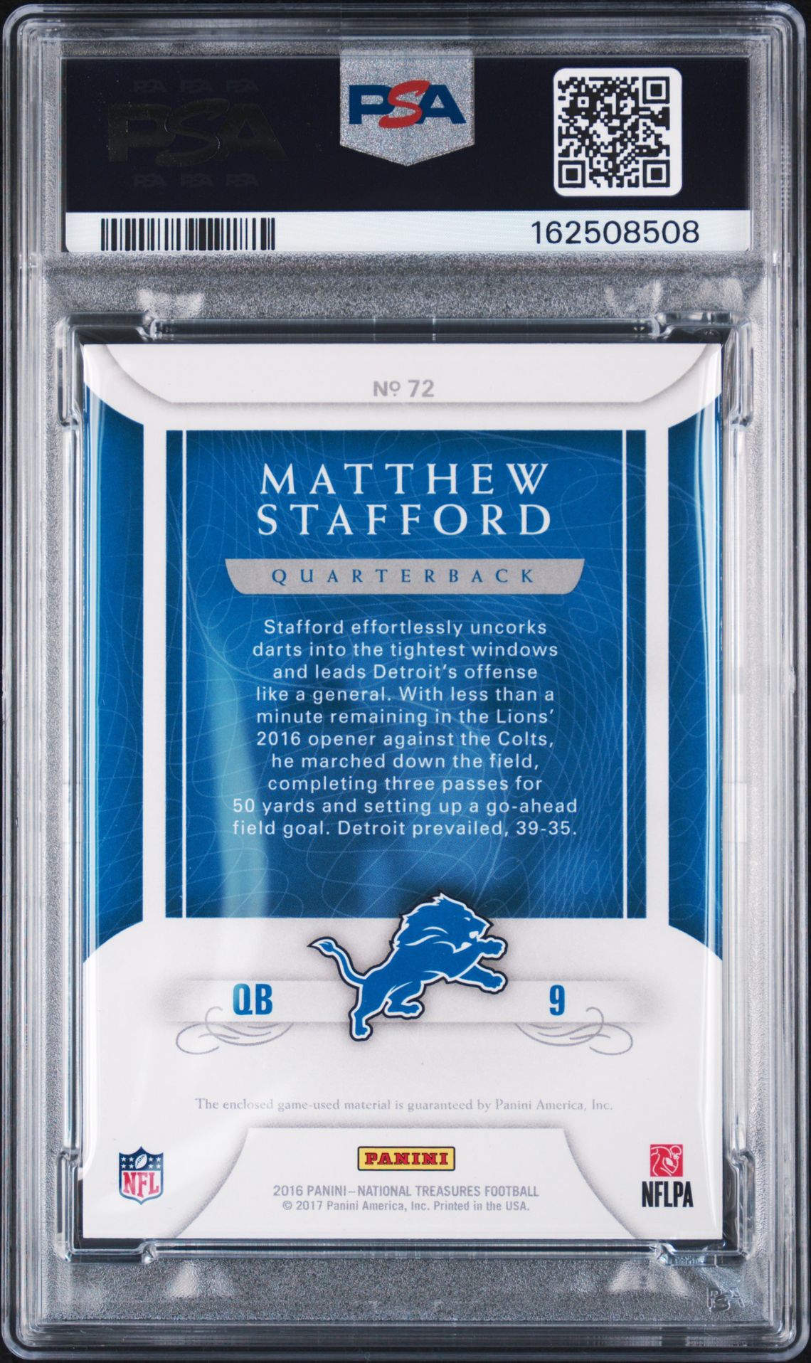 Matthew Stafford 2016 Panini National Treasures Card #72 PSA 10 Auto 10 /49