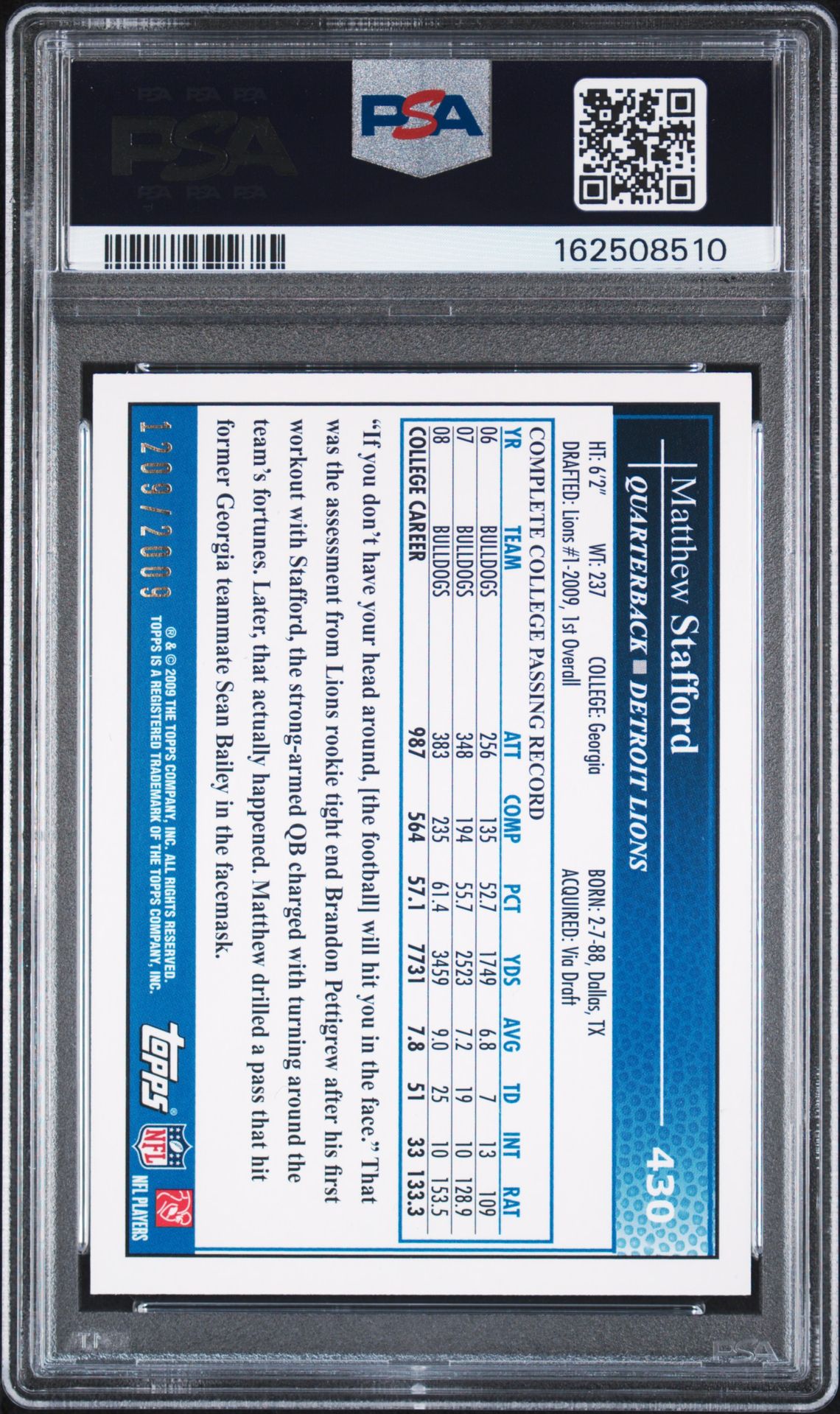 Matthew Stafford 2009 Topps Gold Rookie Card #430 PSA 9 Auto 8 /2009-Powers Sports Memorabilia