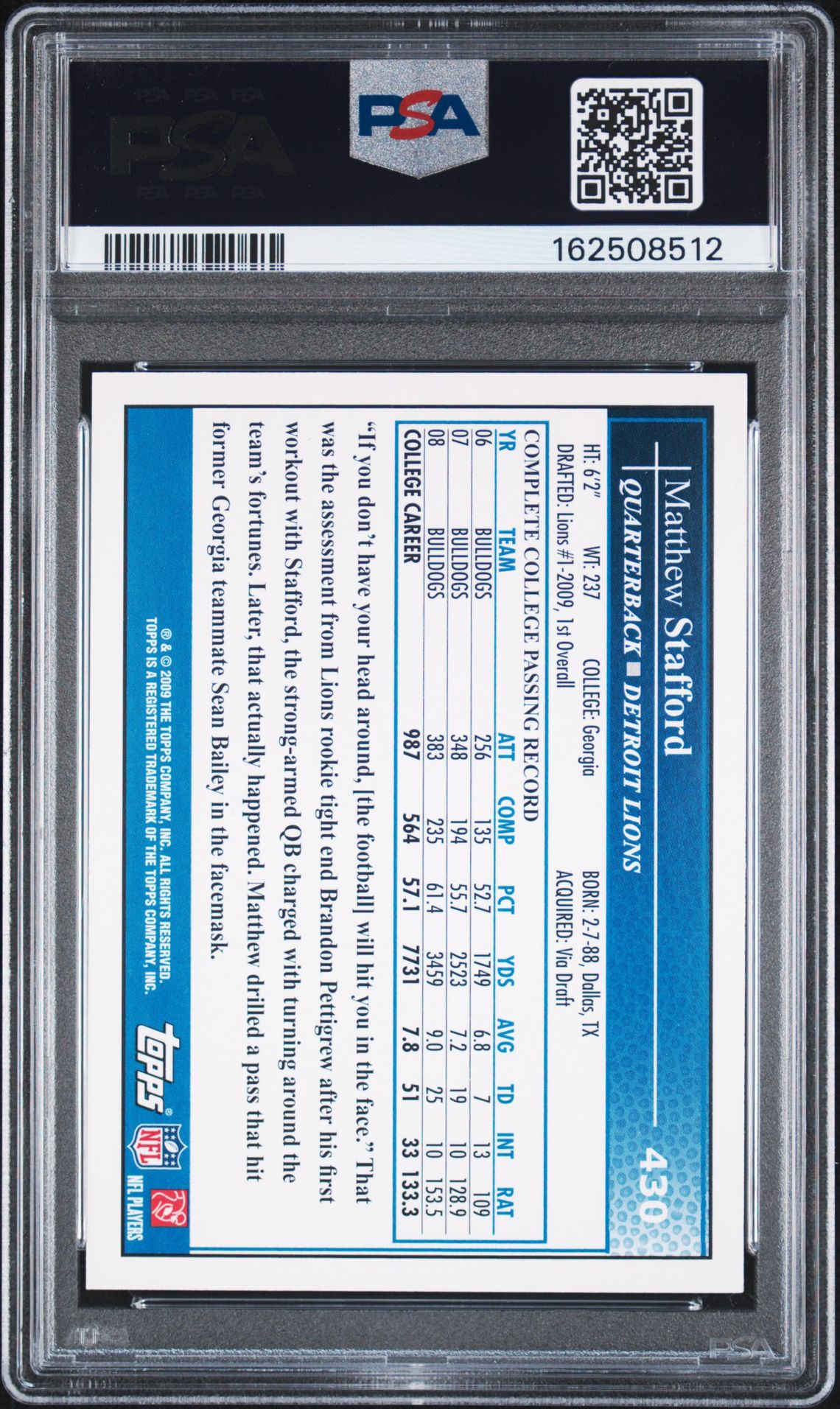 Matthew Stafford 2009 Topps Throwing Rookie Card #430 PSA 8 Auto 10-Powers Sports Memorabilia