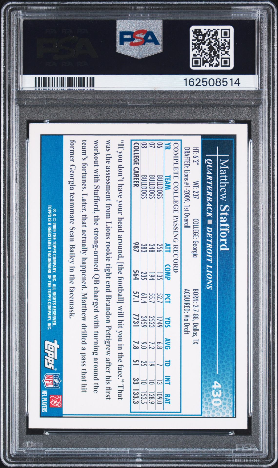 Matthew Stafford 2009 Topps Two Hands Ball Rookie Card #430 PSA 7 Auto 10
