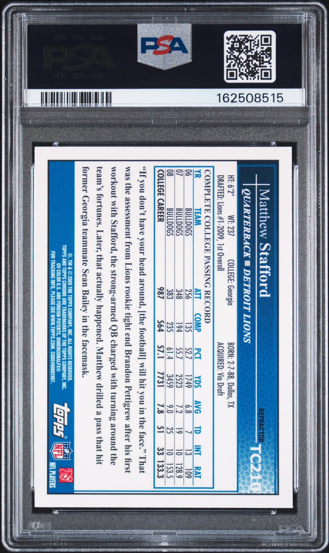 Matthew Stafford 2009 Topps Chrome Refractor Rookie Card TC210 PSA 8 Auto 9-Powers Sports Memorabilia