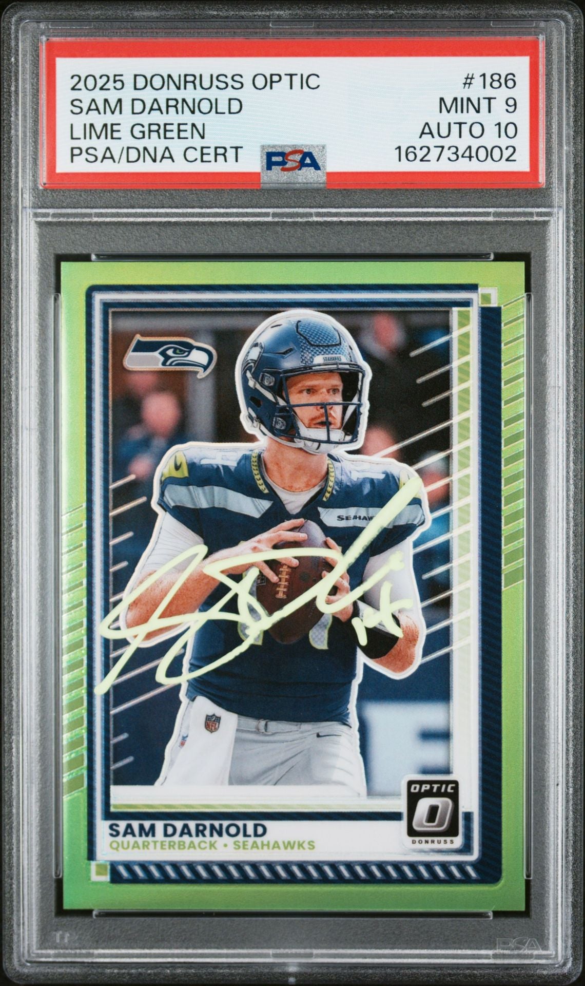 Sam Darnold 2025 Panini Donruss Optic Lime Green Card 186 PSA 9 Auto 10 /50-Powers Sports Memorabilia