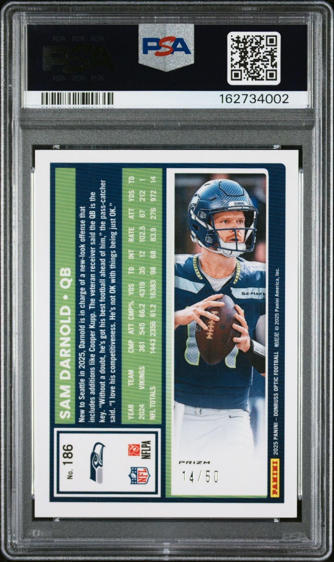 Sam Darnold 2025 Panini Donruss Optic Lime Green Card 186 PSA 9 Auto 10 /50-Powers Sports Memorabilia