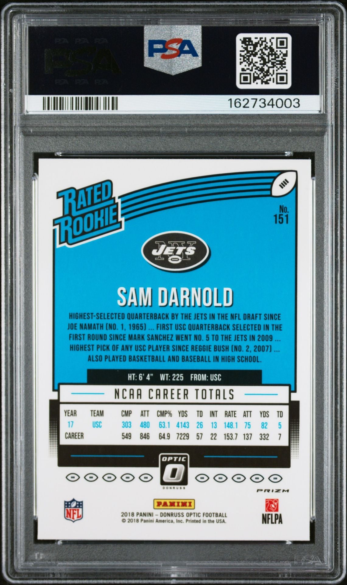 Sam Darnold 2018 Panini Donruss Optic Pink Rookie Card #151 PSA 10 Auto 10-Powers Sports Memorabilia