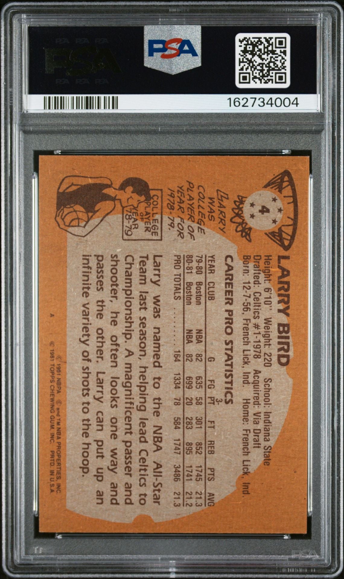 Larry Bird 1981 Topps Celtics Basketball Card #4 PSA 7 Auto 10 162734004-Powers Sports Memorabilia