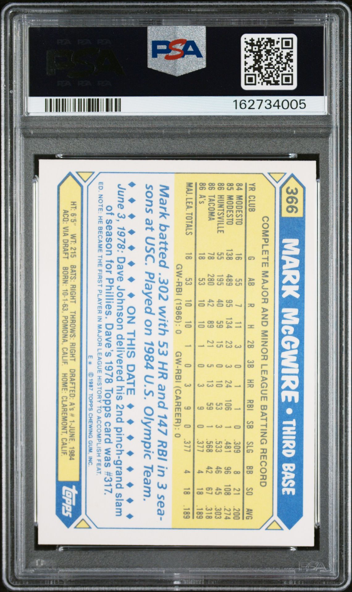 Mark McGwire 1987 Topps Tiffany Signed Card #366 PSA 9 Auto 10 162734005-Powers Sports Memorabilia