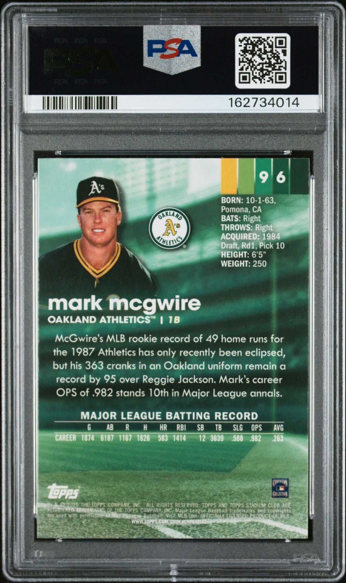 Mark McGwire 2020 Topps Stadium Club Chrome Card #96 PSA 9 Auto 10 62734014-Powers Sports Memorabilia