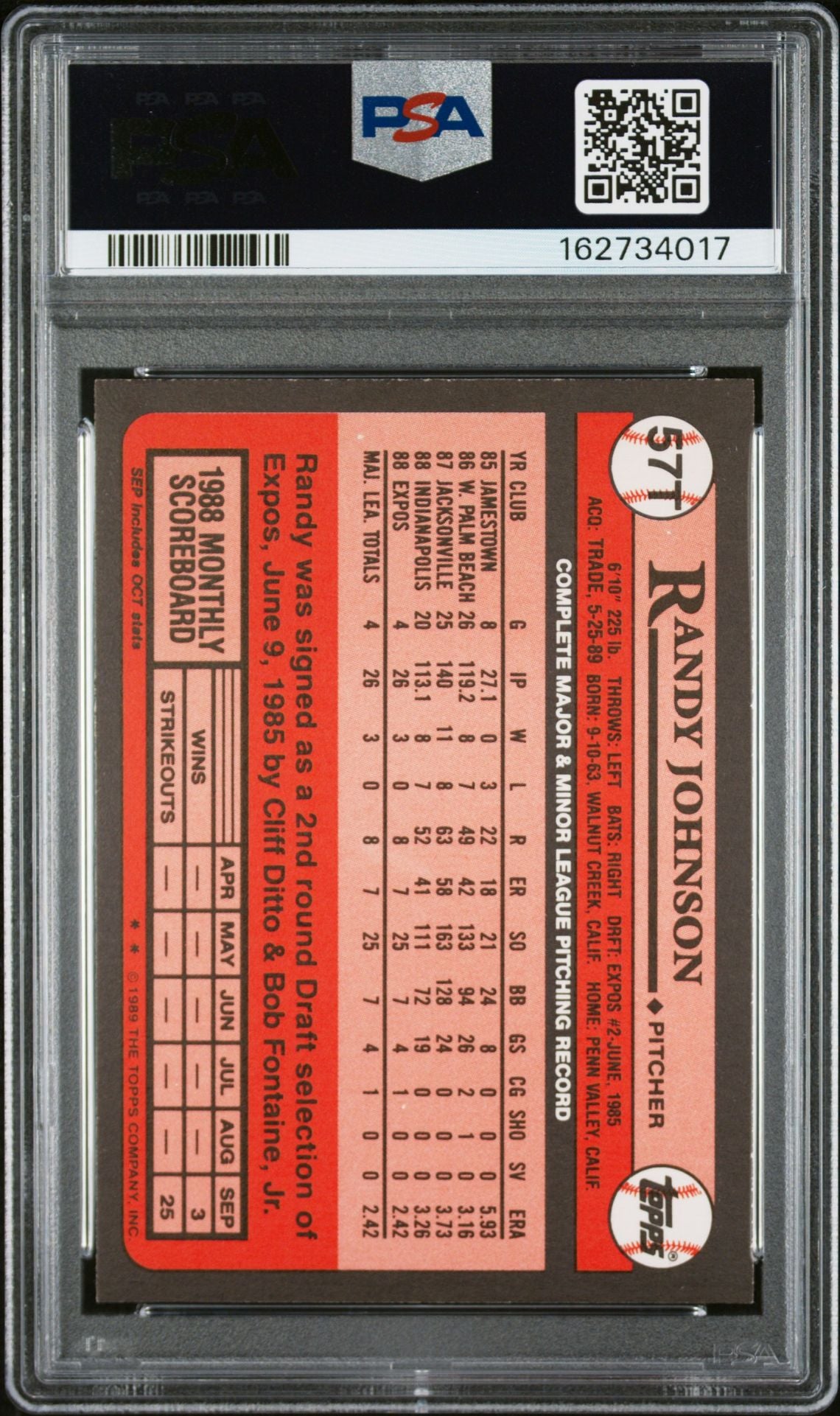 Randy Johnson 1989 Topps Traded Rookie Card #57T PSA 8 Auto 10 162734017-Powers Sports Memorabilia