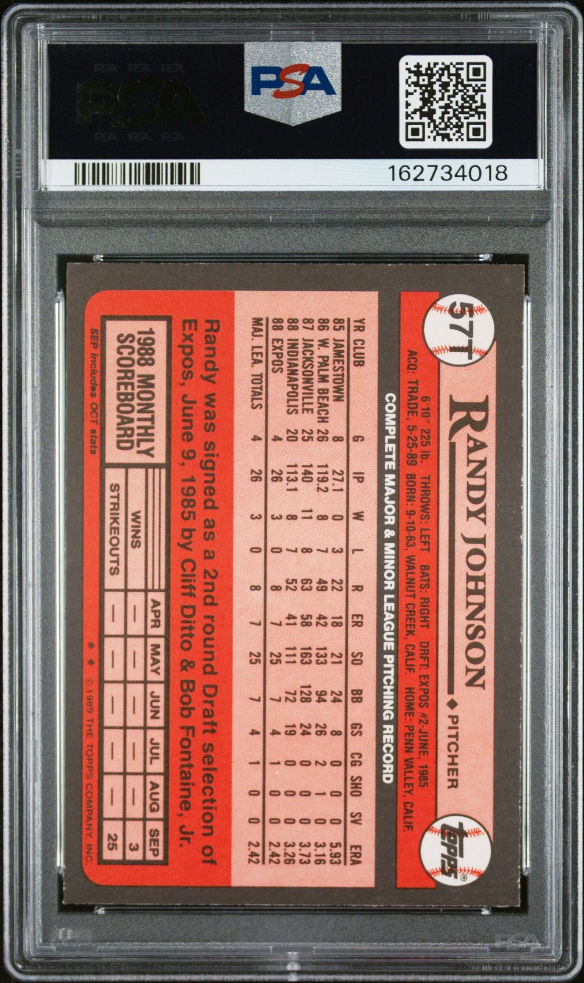 Randy Johnson 1989 Topps Traded Rookie Card #57T PSA 8 Auto 10 162734018-Powers Sports Memorabilia