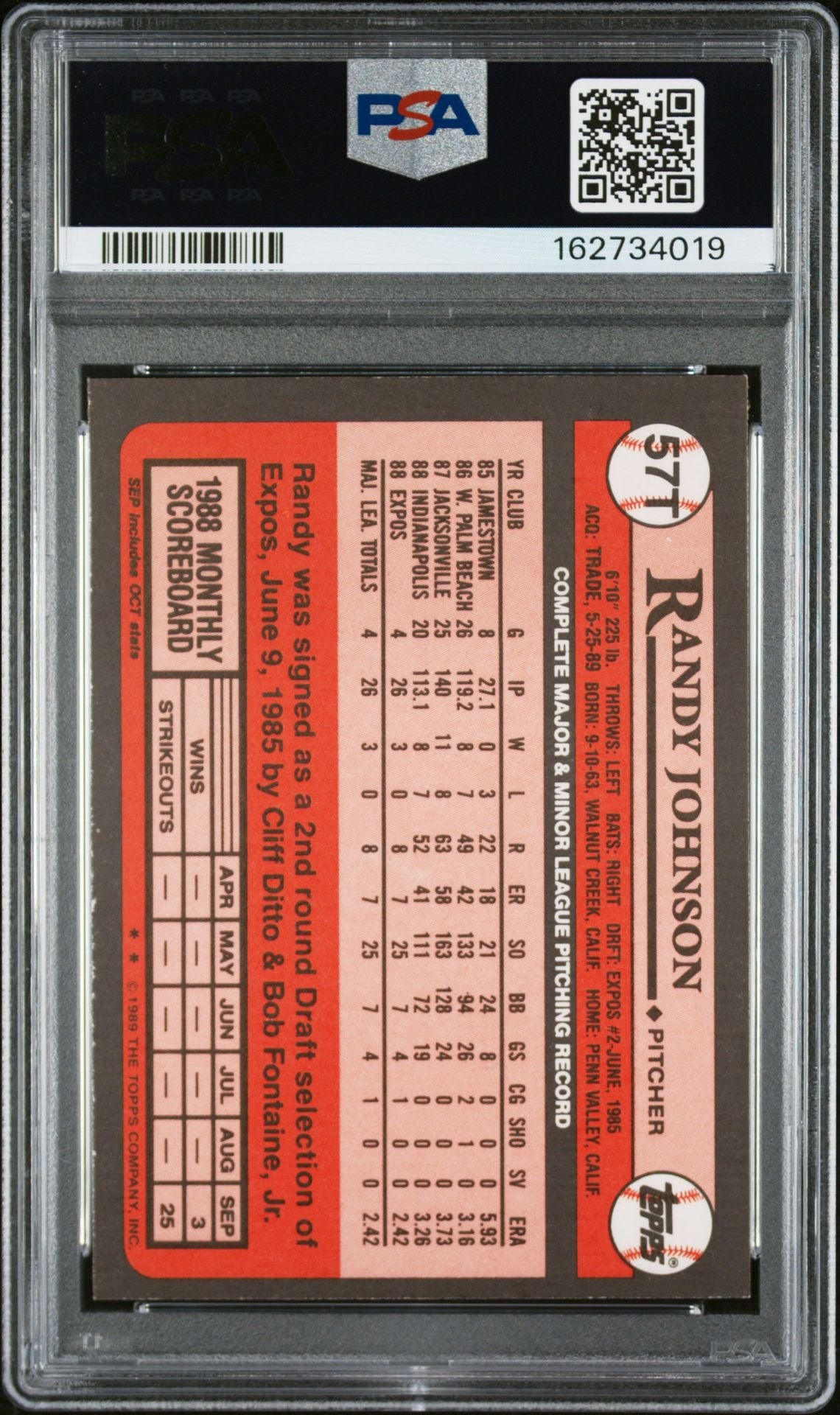 Randy Johnson 1989 Topps Traded Rookie Card #57T PSA 7 Auto 10 162734019-Powers Sports Memorabilia