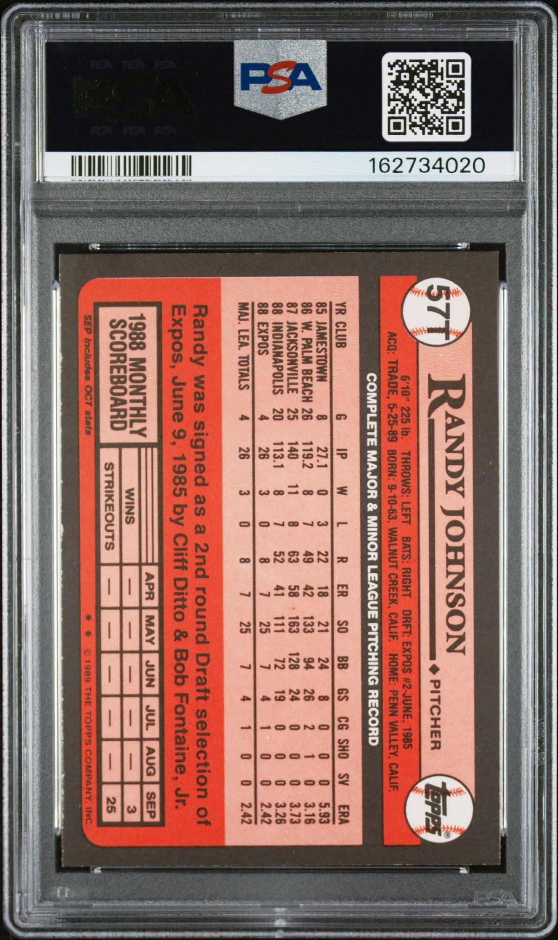 Randy Johnson 1989 Topps Traded Rookie Card #57T PSA 7 Auto 10 162734020-Powers Sports Memorabilia