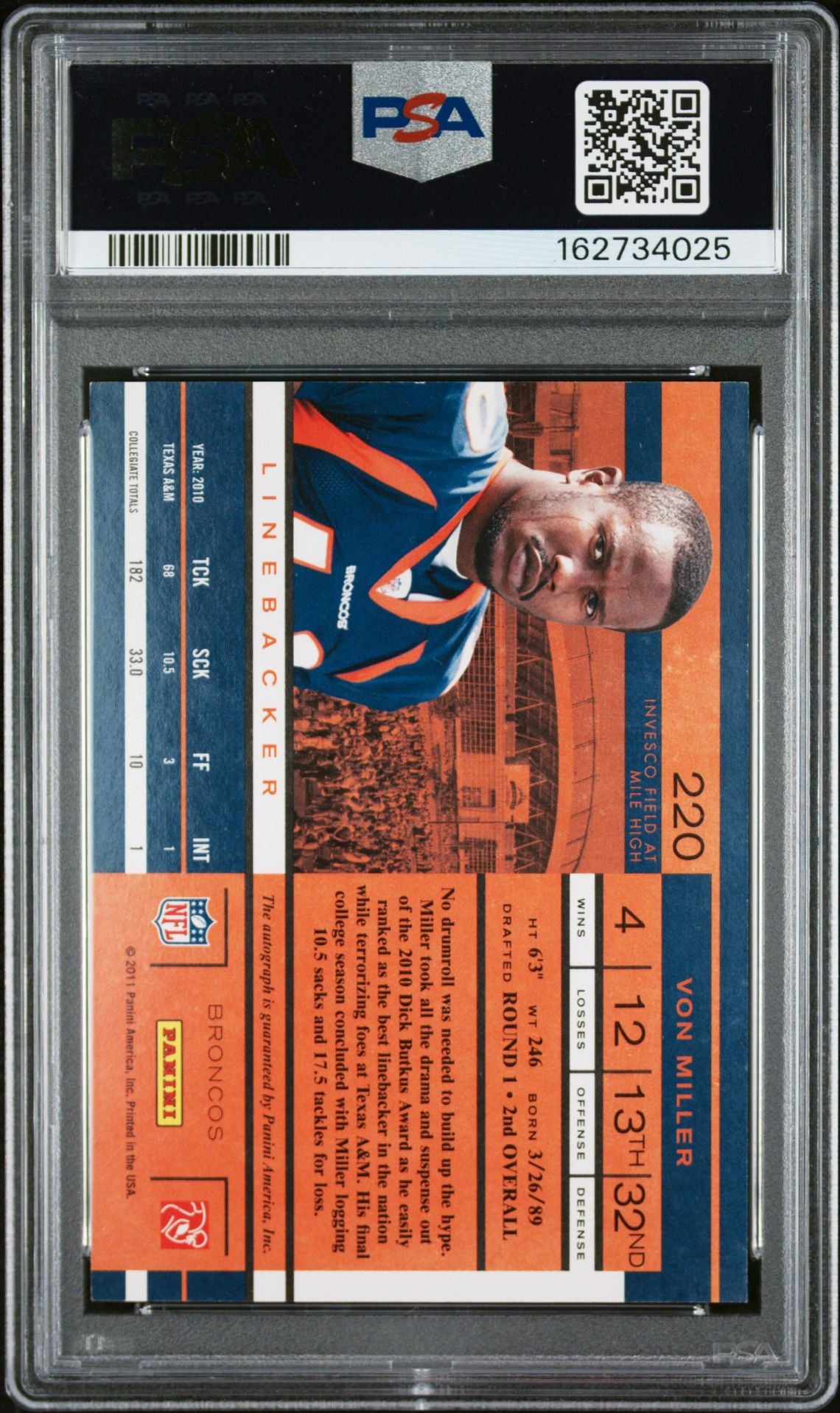 Von Miller 2011 Playoff Contenders Signed Rookie Card #220 PSA 7 Auto 9-Powers Sports Memorabilia
