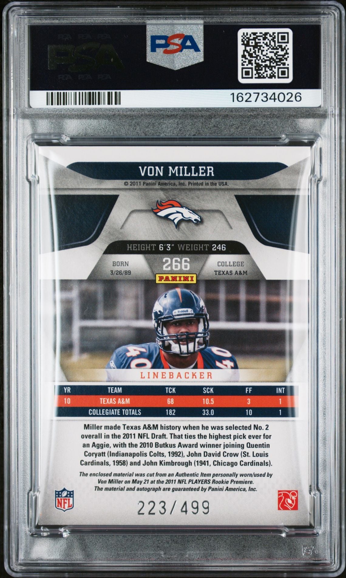 Von Miller 2011 Panini Certified Signed Rookie Card #266 PSA 9 Auto 10 /499-Powers Sports Memorabilia