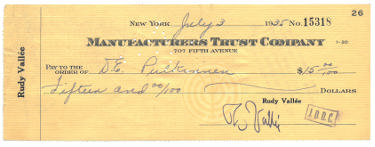 Rudy Vallee Autographed 1935 Manufacturers Cancelled Check- Band Leader/Actor- (music/entertaiment memorabilia)