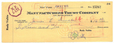 Rudy Vallee Autographed 1935 Manufacturers Trust Bank Cancelled Check Red Stamp/Ink- Band Leader/Actor (music/entertaiment)-Powers Sports Memorabilia