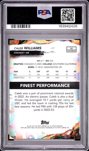 Caleb Williams 2024 Topps Finest Checkerboard Rookie Card #161 PSA 10-Powers Sports Memorabilia