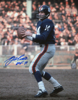 Y.A. Tittle Autographed New York Giants Blue Jersey Passing Vertical 16x20 Photo HOF 71-Powers Sports Memorabilia