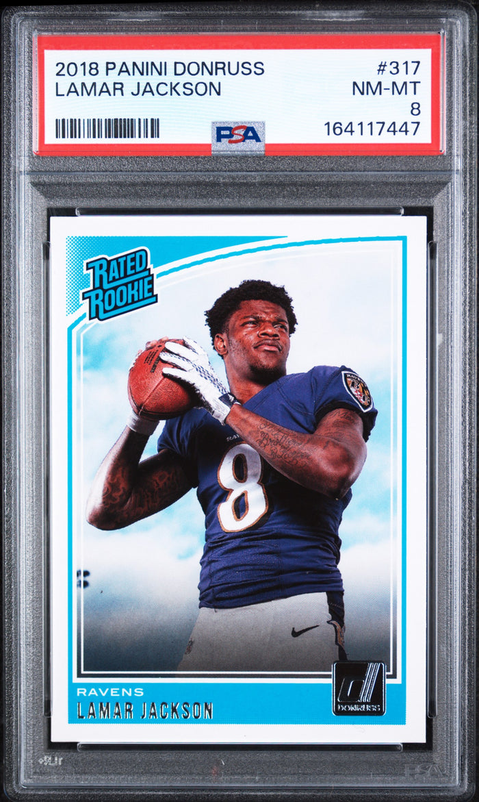 Lamar Jackson 2018 Panini Donruss Rookie Card #317 PSA 8-Powers Sports Memorabilia