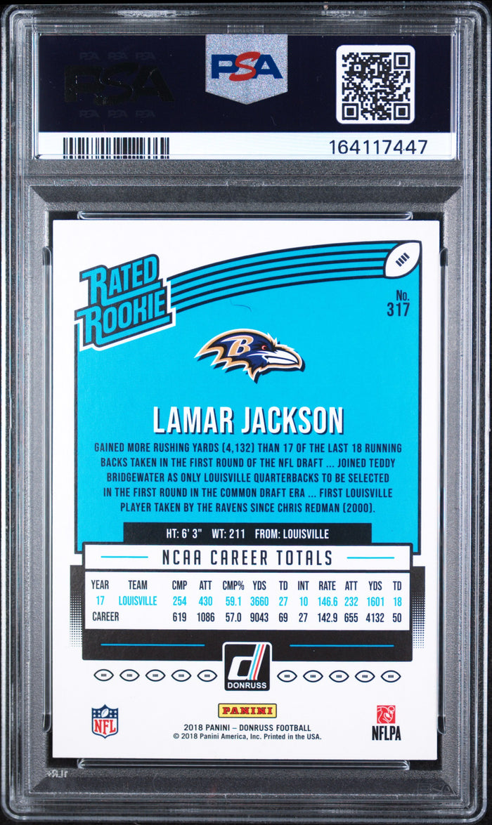 Lamar Jackson 2018 Panini Donruss Rookie Card #317 PSA 8-Powers Sports Memorabilia