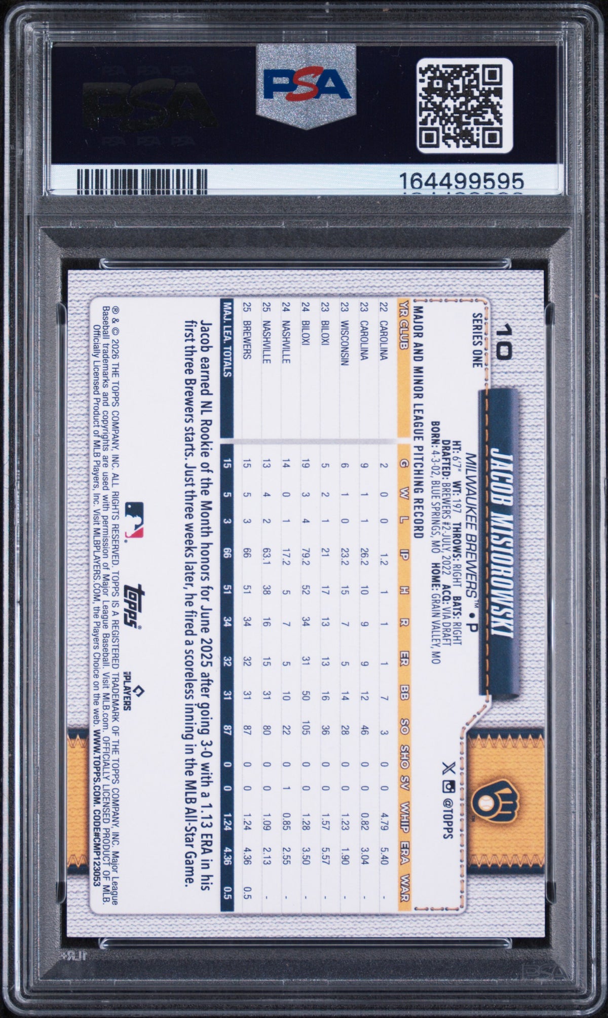 Jacob Misiorowski 2026 Topps Rookie Card #10 PSA 8
