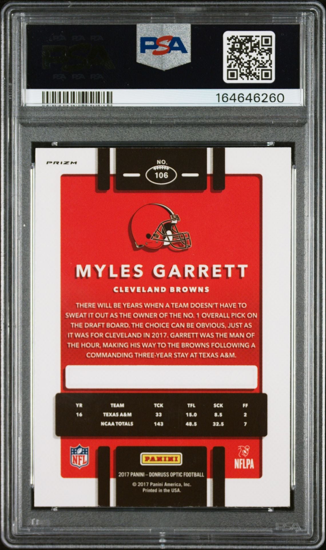 Myles Garrett 2017 Panini Donruss Optic Holo Rookie Card 106 PSA 10 Auto 10
