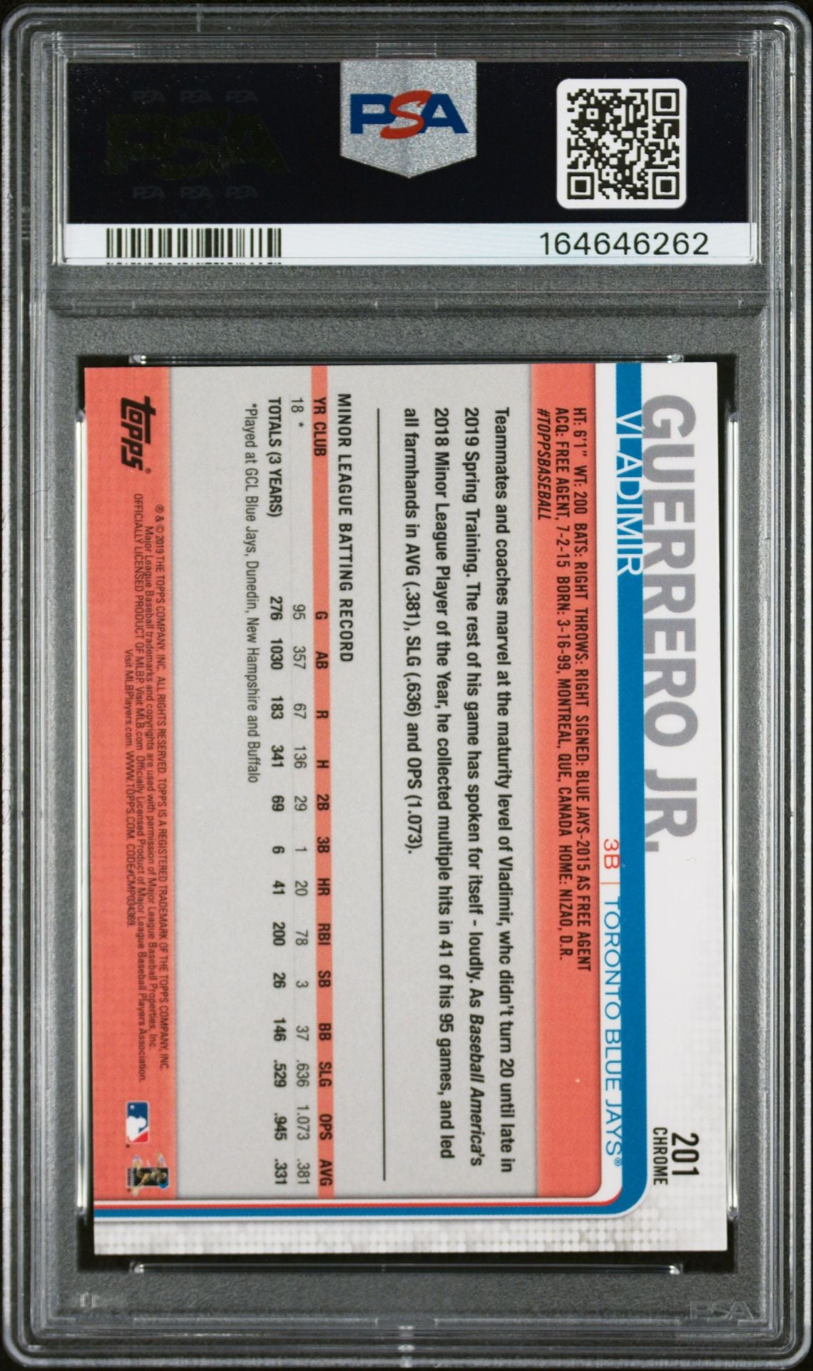 Vladimir Guerrero Jr. 2019 Topps Chrome Rookie Card #201 PSA 9 Auto 10 6262