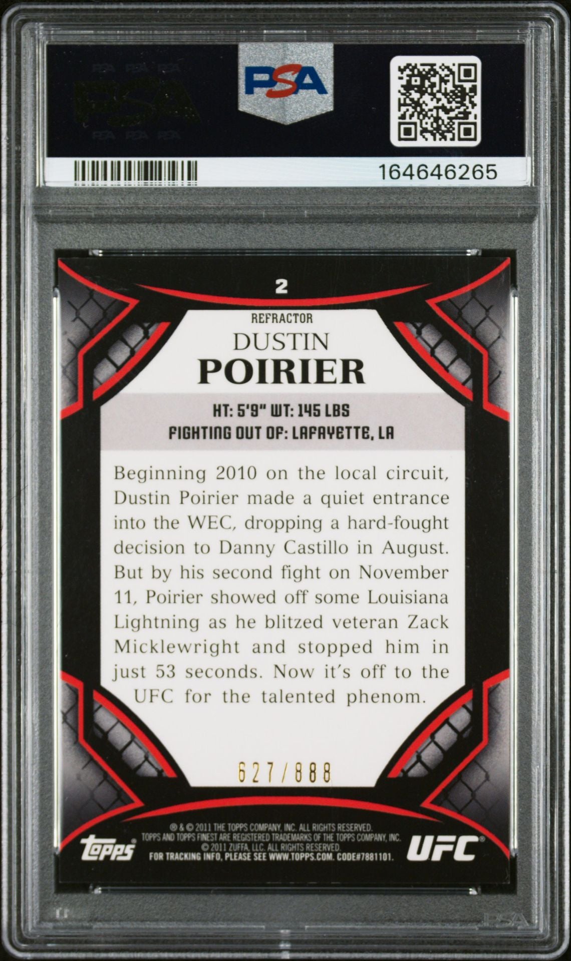 Dustin Poirier 2011 Topps Finest UFC Refractor Card #2 PSA 8 Auto 10 /888
