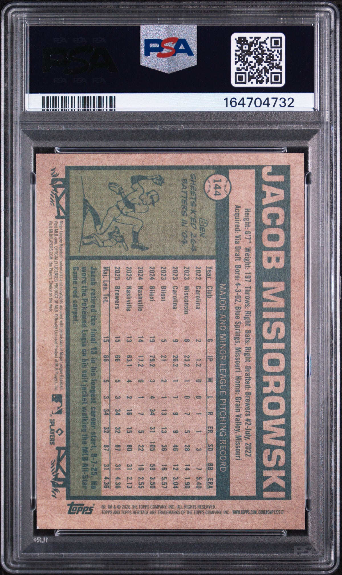 Jacob Misiorowski 2026 Topps Heritage Rookie Card #144 PSA 9-Powers Sports Memorabilia