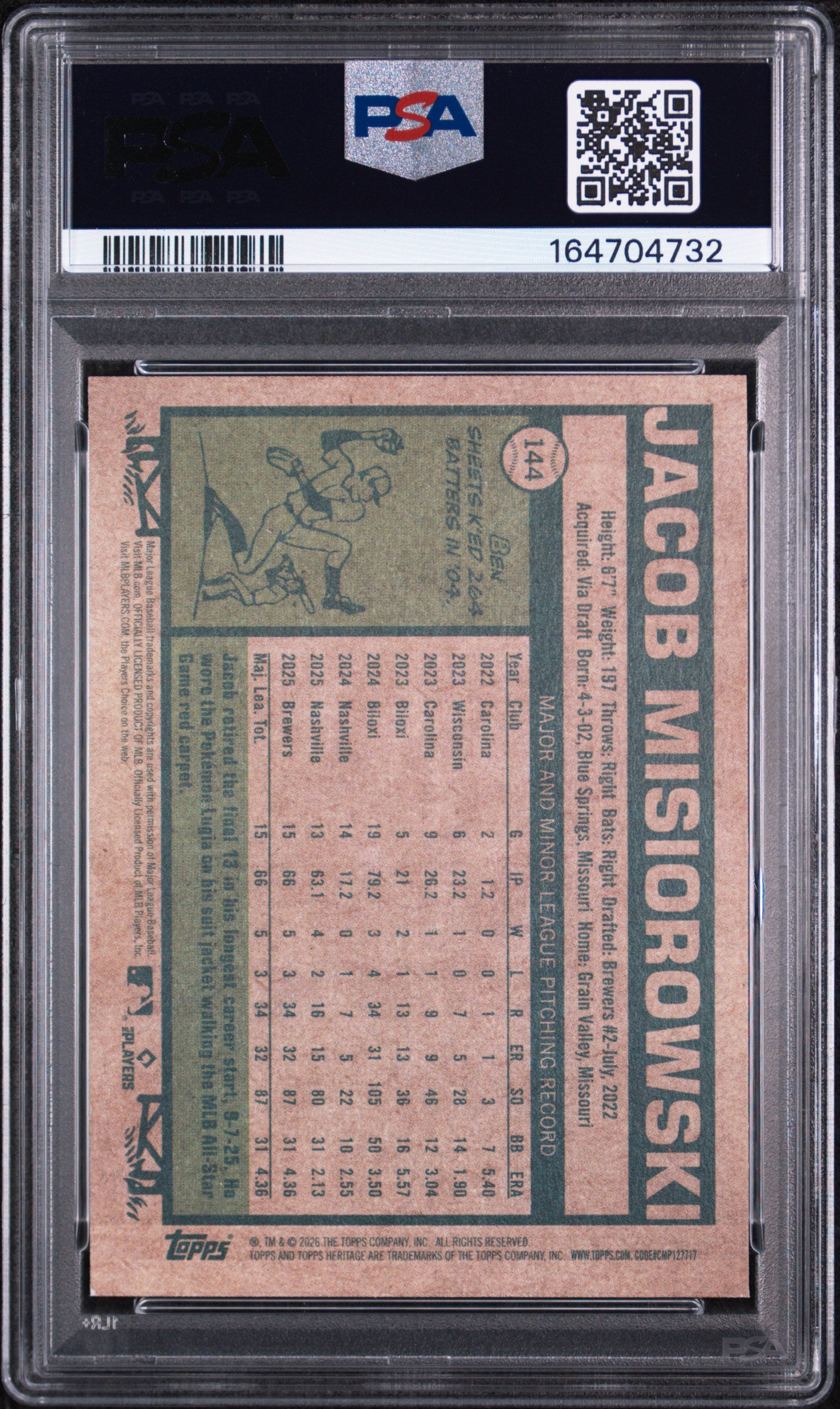 Jacob Misiorowski 2026 Topps Heritage Rookie Card #144 PSA 9-Powers Sports Memorabilia