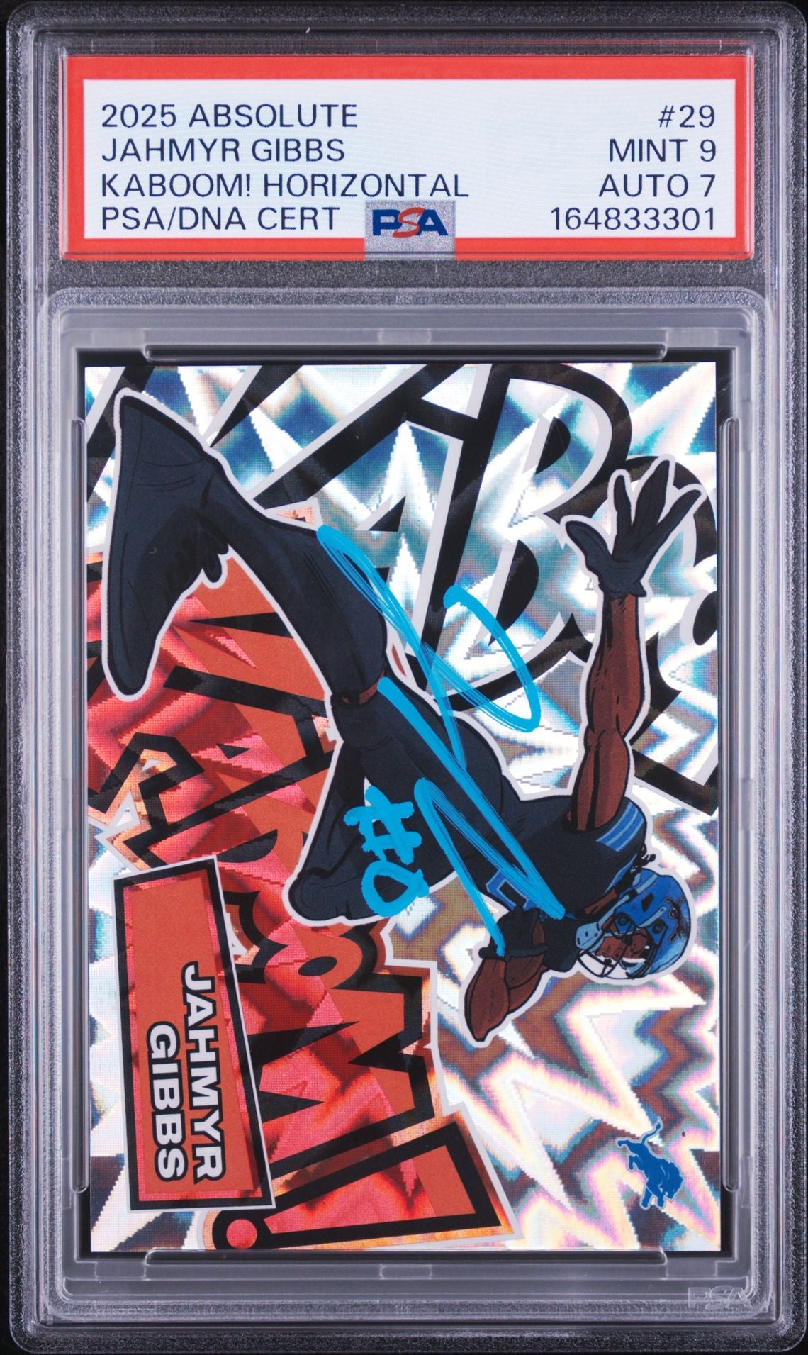 Jahmyr Gibbs 2025 Panini Absolute Kaboom Card #29 PSA 9 Auto 7