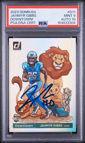 Jahmyr Gibbs 2023 Panini Donruss Downtown Rookie Card #D11 PSA 9 Auto 10-Powers Sports Memorabilia