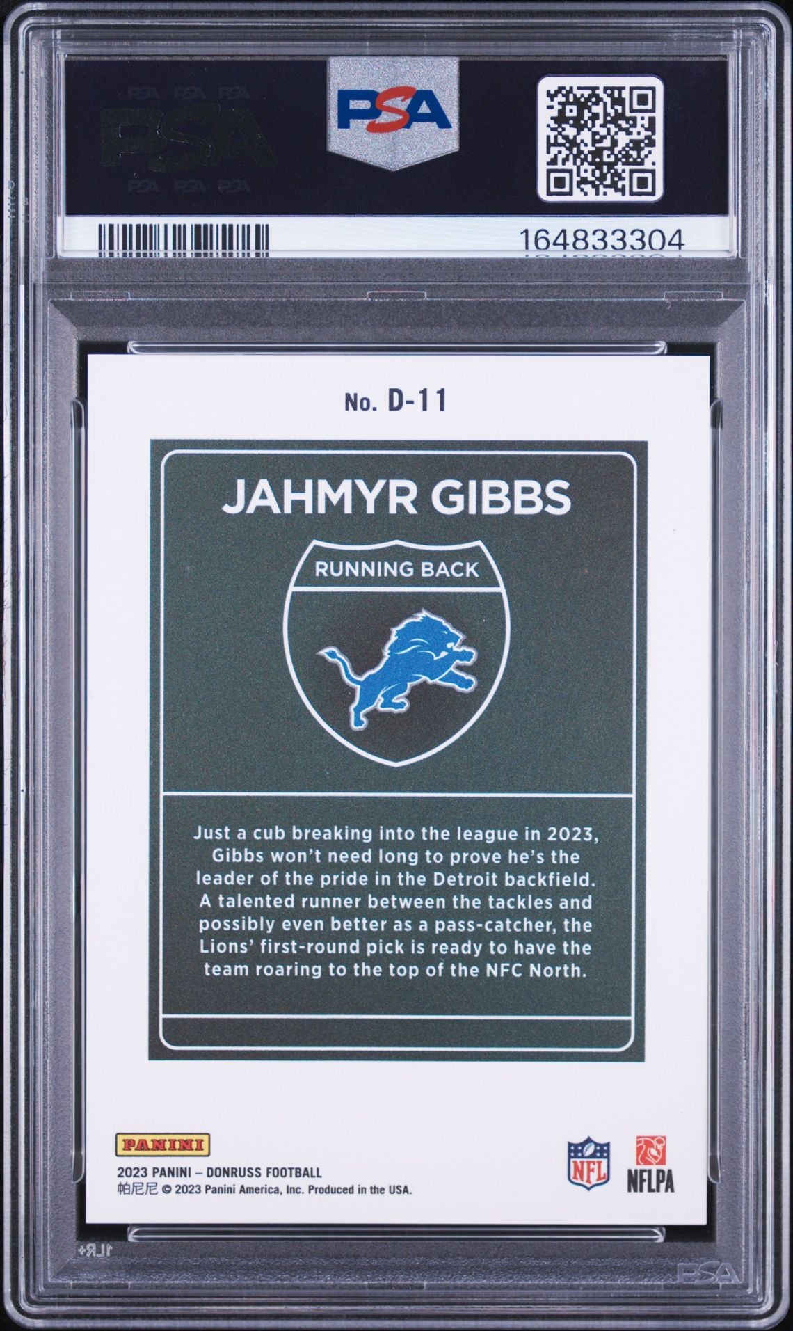 Jahmyr Gibbs 2023 Panini Donruss Downtown Rookie Card #D11 PSA 9 Auto 10-Powers Sports Memorabilia