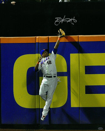 Juan Lagares Autographed New York Mets 16x20 Photo #12 (catch at wall vertical)-Powers Sports Memorabilia
