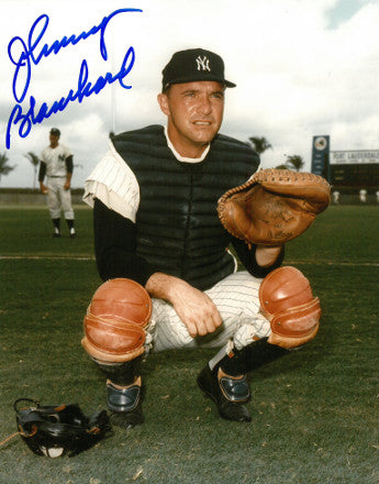 Johnny Blanchard Autographed New York Yankees 8x10 Photo (catching-2 line sig-deceased)-Powers Sports Memorabilia